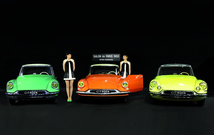 Three Citroën DS in green, orange and yellow, 2013