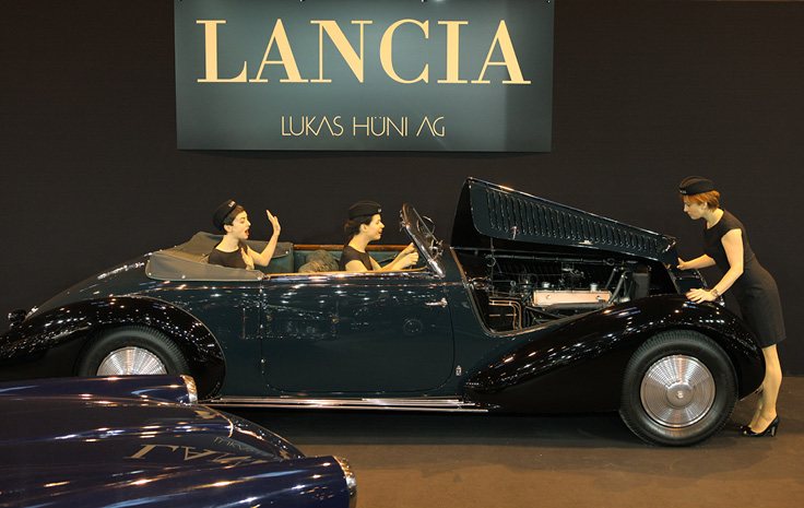 A Lancia Astura under the Lancia sign, Cultural Lancia Retrospective, 2014